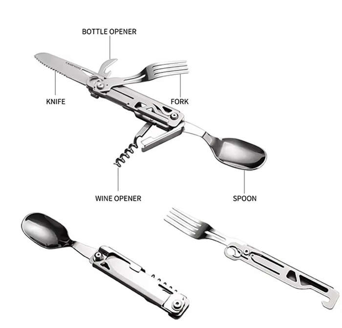 Silver - IPRee Outdoor Stainless Steel Multifunctional Camping Folding Knife Fork and Spoon Camping