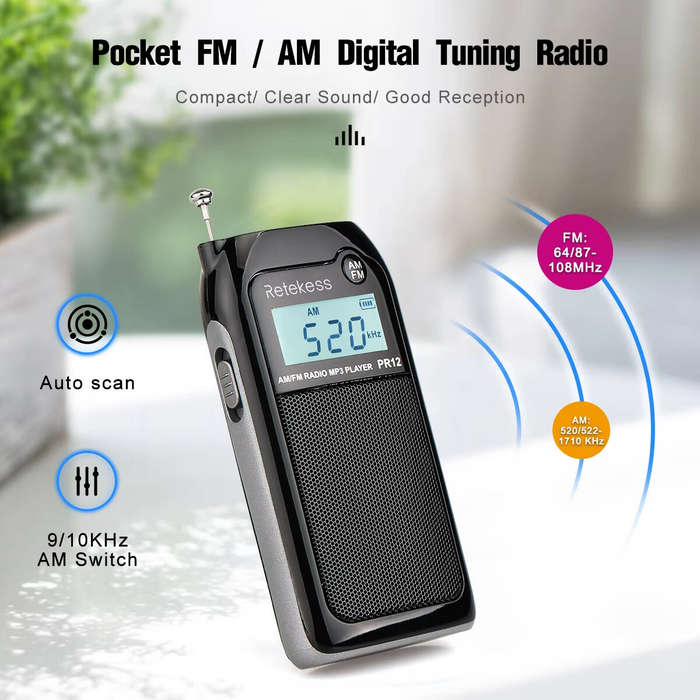 Black - RETEKES PR12 Portable Radio FM AM Mini Pocket USB Radio MP3 Portable Receiver Backlit LCD Di