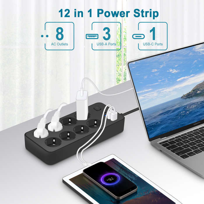 Black - 2200W 12-in-1 Multitap Power Strip Socket with 8 AC EU Outlets+3 USB-A+1 USB-C Output Socket