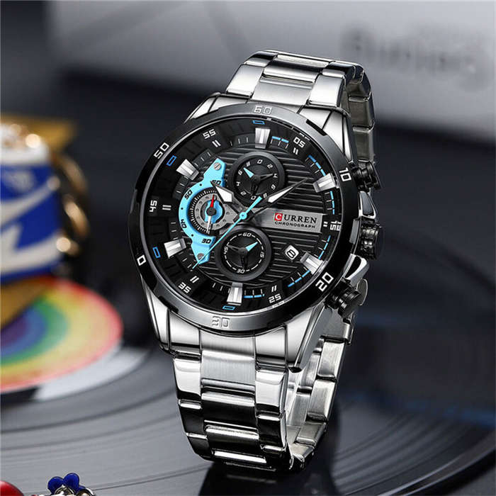 Silver - CURREN Fashion Men Stainless Steel Strap Quartz Watch Multi-function Chronograph Waterproof