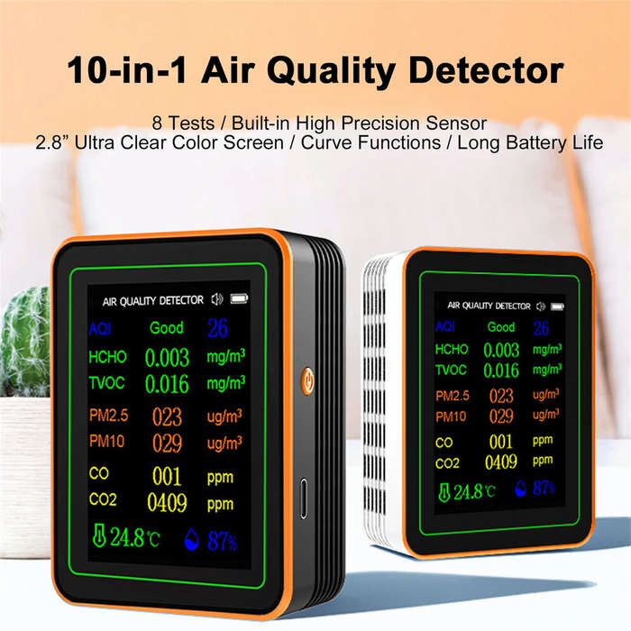 White - 10 in 1 Air Quality Monitor PM2.5 PM10 CO CO2 TVOC HCHO AQI Temperature Humidity & Curve Vie