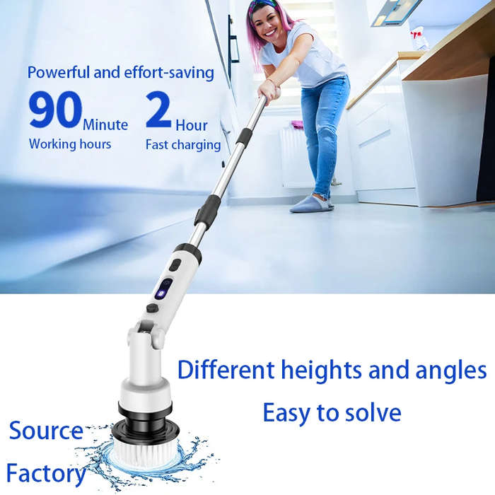 White - Foldable Rotating Cordless Long Handle Electric Cleaning Brush with 9 Heads Long Handle Elec