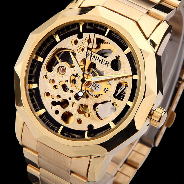 Gold - Fashion Fully Auto Mechanical Skeleton Men Watch Retro Exquisite Dial Gold Steel Band Wristwa