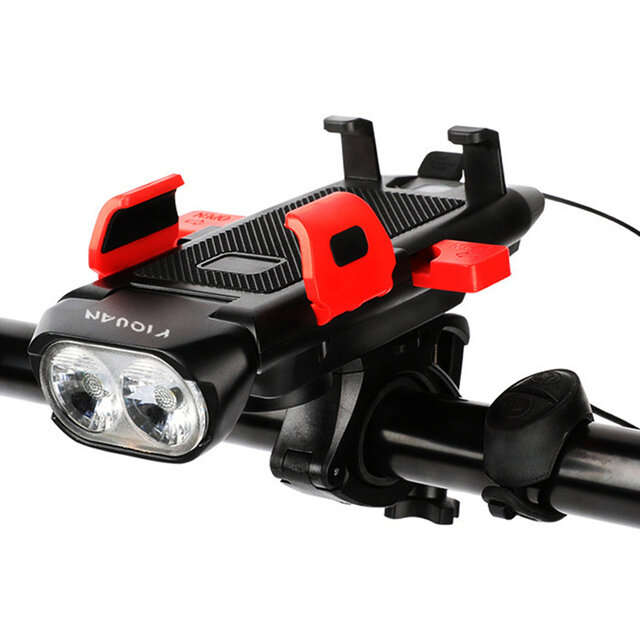 Black - 4 In 1 Bicycle Front Light USB Chargeable Phone Holder Bike Horn Cycling Flashlight MTB Powe