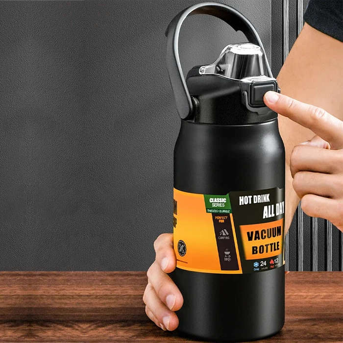 Black - 1500ml Large Capacity Portable Thermos Bottle with Straw, 304 Stainless Steel, Thermal Mug,