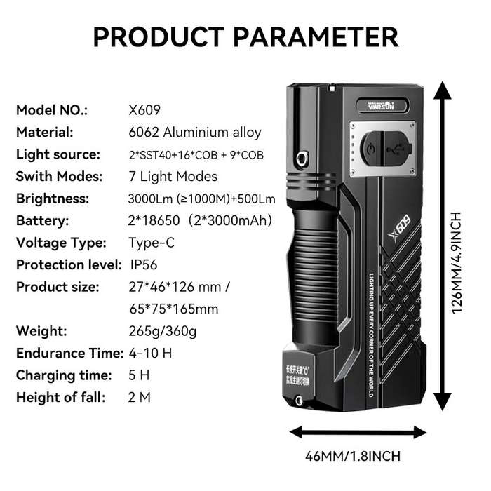 Black - Warsun X609 3000LM Most Powerful LED Flashlight Rechargeable Tactical Torch Lantern Long Sho