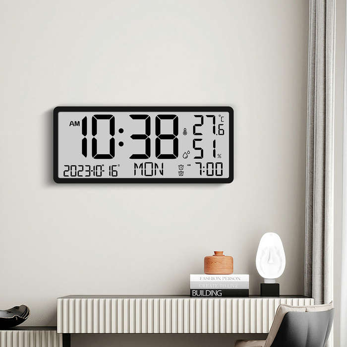 White - Large LCD Digital Wall Clock Temperature Humidity Display Alarm Clock Hanging/Desktop Digita