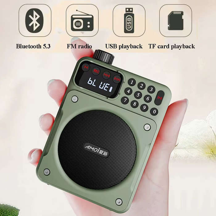 Green - Amoi X03 Mini Digital FM Radio Wireless bluetooth Speaker with Knob Dual Magnetic Speakers 1