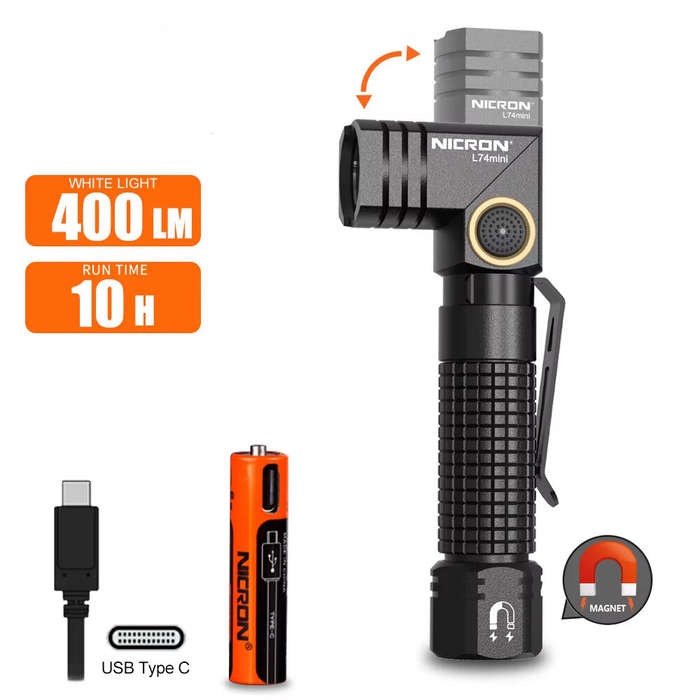 Black - Nicron L74 Mini Tiny 400 Lumens Tactical EDC Flashlight L-shape LED Torch Rechargeable with