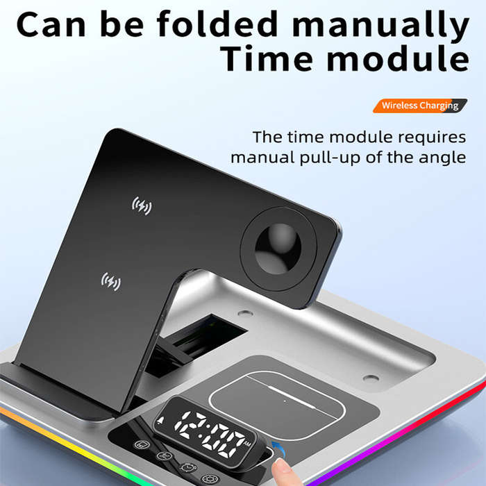 Silver - XJCX A93 5-in-1 15W Foldable RGB Wireless Charger with Digital Display Time & Alarm Clock F