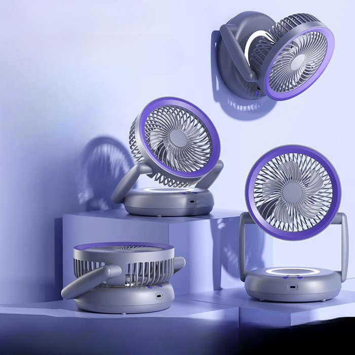Grey - Foldable Wall-mounted Fan with Night Light 360 Rotational Airflow Desktop Electric Fan 5 Wind