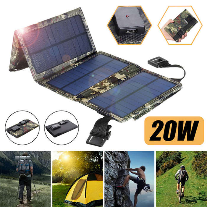 Black - IPRee 20W Foldable Solar Panel Drop-resistant USB Solar Panel Cells for Outdoor Activities E
