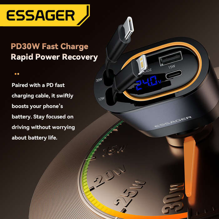 Grey - ESSAGER SHE-6001 45W Dual Retractable Cable Car Charger Adapter with USB-A+Type-C Port Suppor
