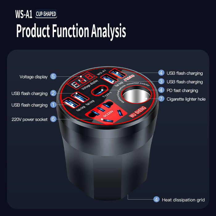 Red - 12V 24V to 220V Power Inverter with Multi-function Car Socket Charger Fast Charging for Mobile