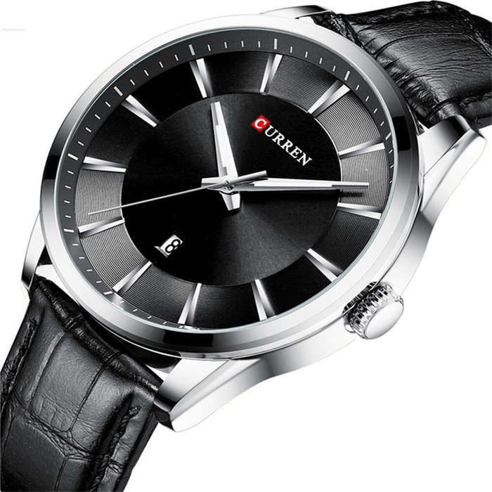 Silver - CURREN Simple Business Men Quartz Watch Comfortable Leather Strap Waterproof Auto Date Wris