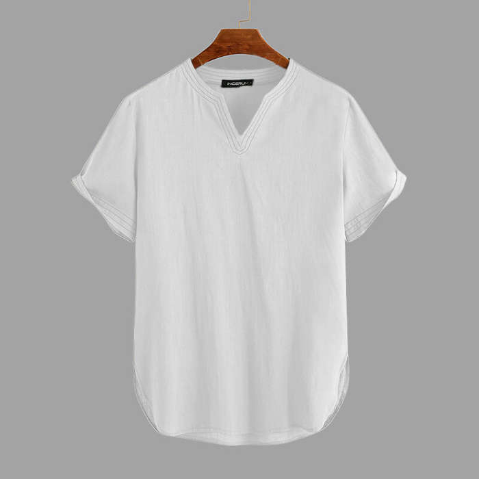 2XL - Linen Men's Short Sleeve Summer Cool Comfortable Shirt Tee Loose Tops Outdoor Hiking Holiday