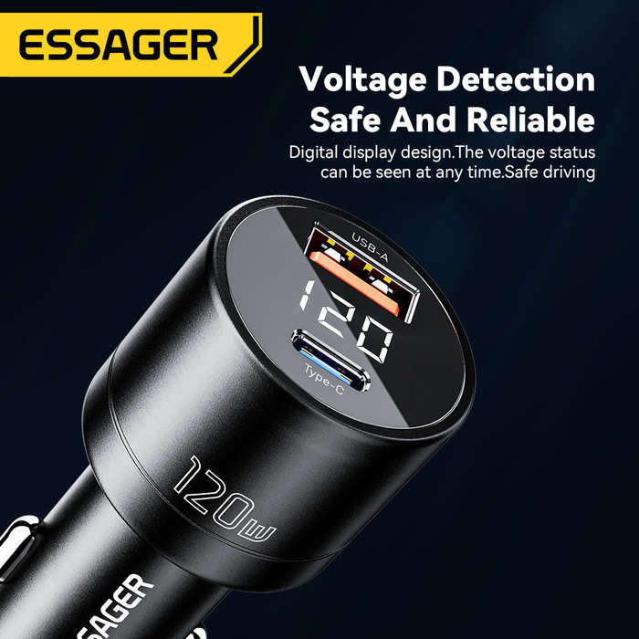 Black - ESSAGER FSJ-009 120W 2-Port USB PD Car Charger Adapter 18W USB QC3.0 100W USB-C PD Fast Char