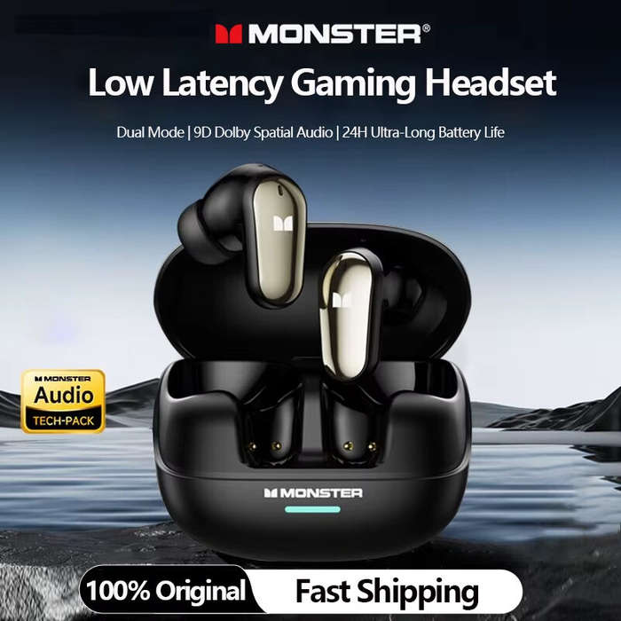 Black - Monster MQT52 TWS Wireless Earbuds bluetooth 5.4 Earphone 13mm Drivers 360 ACS Panoramic Sou