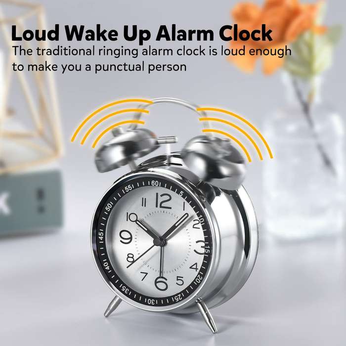 Black - AGSIVO 4 Inch Loud Alarm Clock Twin Bell Analog for Heavy Sleepers Silent Non-Ticking Quartz