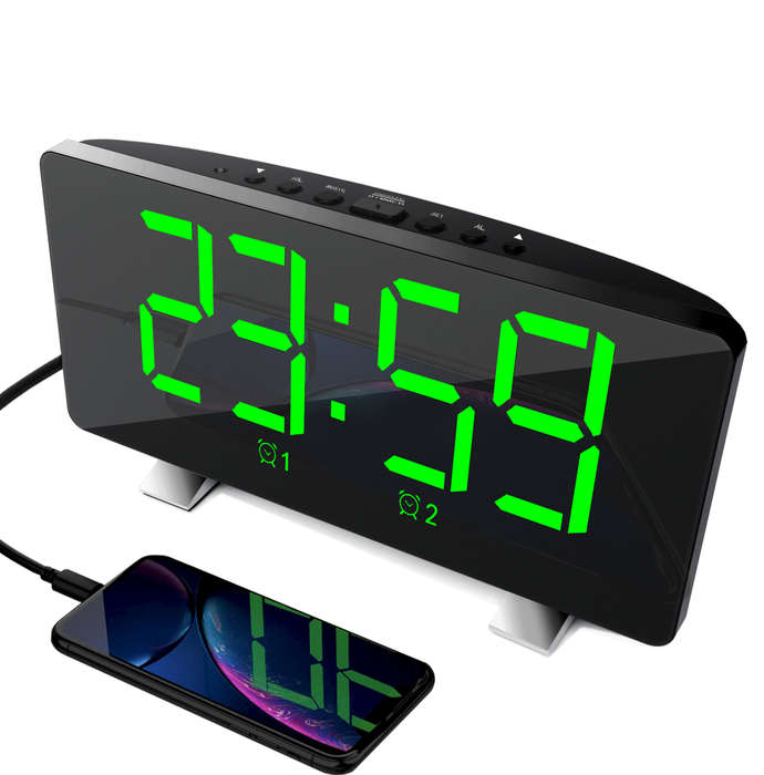 Red - LED Mirror Digital Alarm Clock USB Charging Brightness Adjustable 10 Music Option Power off Me