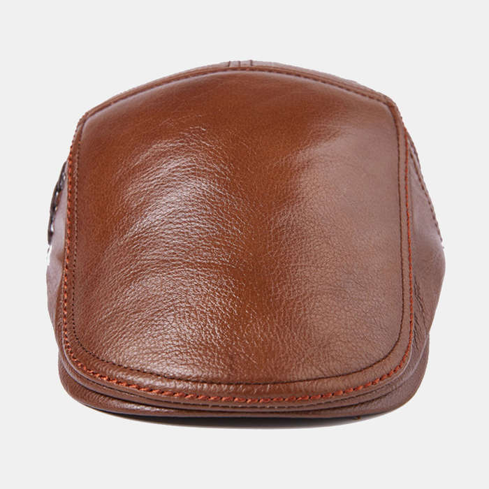 Mens Winter Warm Adjustable Genuine Leather Beret Caps Windproof Outdoor Top Layer Leather Trucker C