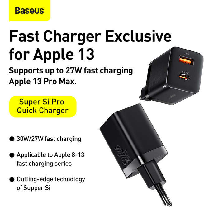 Black - Baseus 30W 2-Port USB PD Charger USB-A+USB-C PD3.0 QC3.0 Apple2.4 BC1.2 Fast Charging Wall C