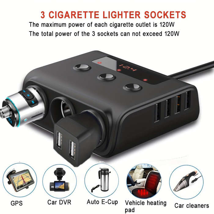 Black - 120W 3Socket Car Charger Adapter 4USB Car 12V/24V Car Socket Splitter with Voltage Monitor D