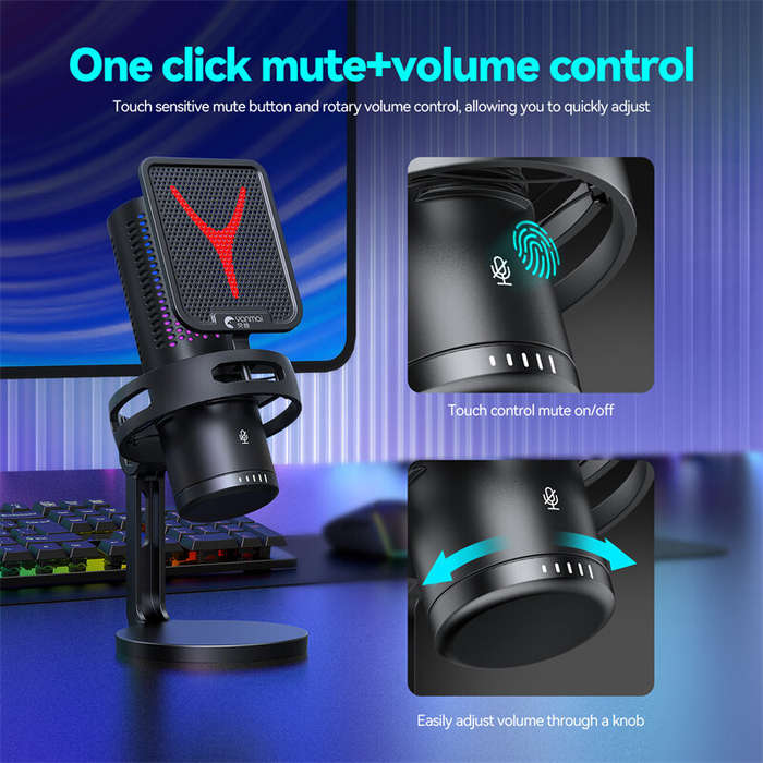 Black - Yanmai GM7 Wired Condenser Microphone Computer Microphone RGB Light Intelligent Noise Cancel