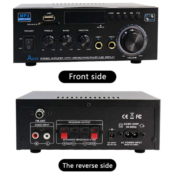 EU Plug - AK45 Stereo Audio Amplifier 2.0 Channel Bluetooth FM Radio USB SD Card Input Bass Treble C