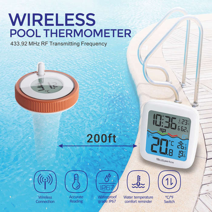 White - Wireless Pool Thermometer Floating 200ft Range Digital Indoor Outdoor Temperature Humidity M