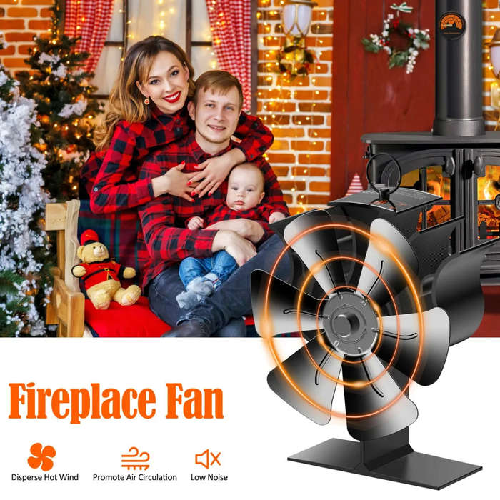 Black - 6-Blade Heat Powered Fireplace Fan Powered Fan With Temperature Display Strip Fireplace Fan