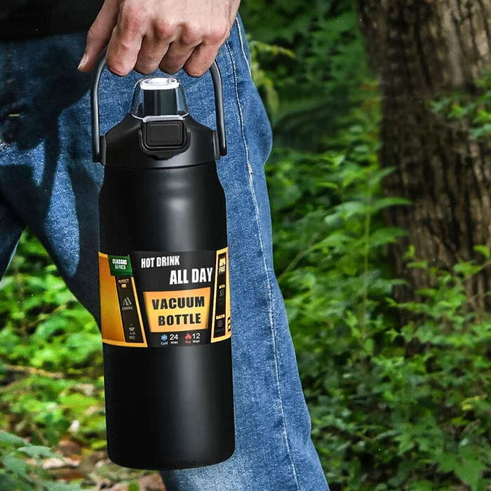 Black - 1500ml Large Capacity Portable Thermos Bottle with Straw, 304 Stainless Steel, Thermal Mug,