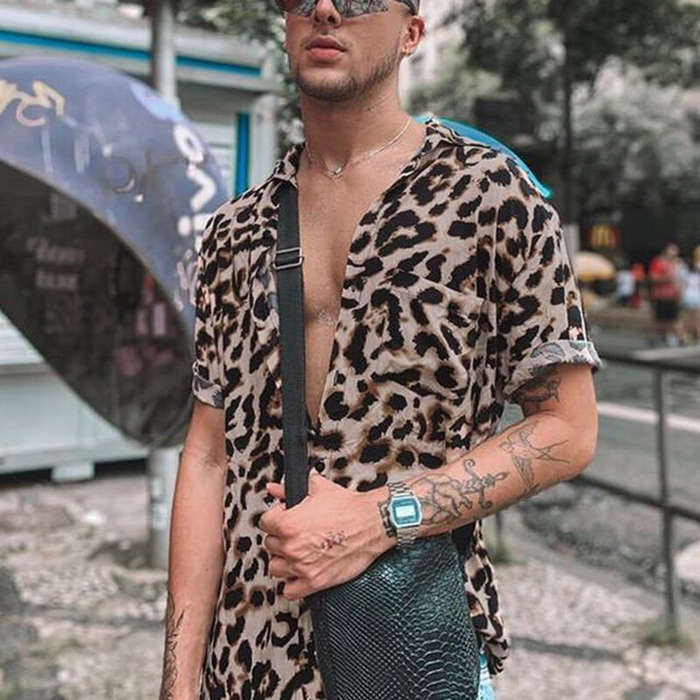 S - OUTDOOR Summer Leopard Print Shirts Fashion Men Short Sleeve Lapel Shirt Casual Floral Blouse Me