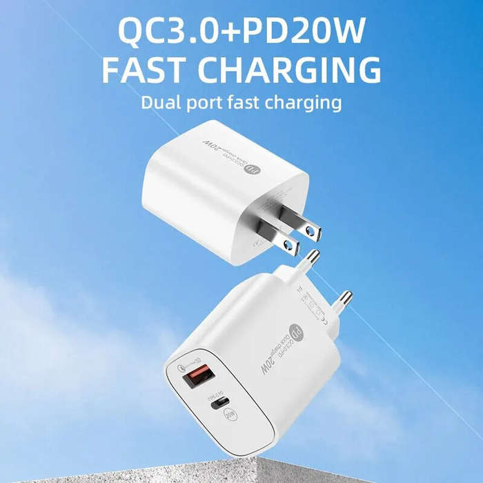 EU Plug - PD20W 2-Port USB PD Charger USB-A+Type-C PD QC3.0 Fast Charging Wall Charger Adapter EU Pl