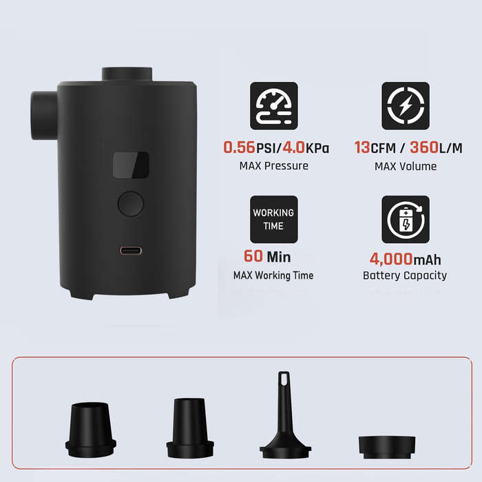 Black - PortableOutdoor Air Pump Mini Air Mattress Pump with Display Screen USB Rechargeable Air Pum