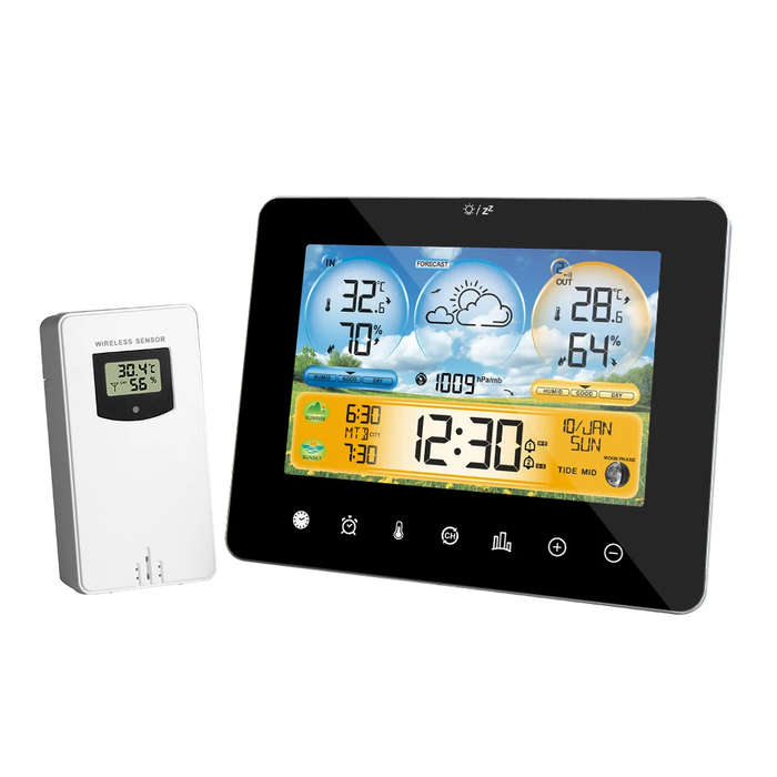 Black - Multifunctional Touchscreen Weather Station Alarm Clock Wireless Weather Station Color Scree