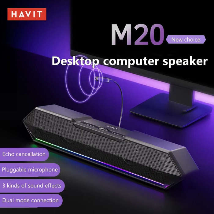 Black - Havit M20 Desktop Speaker Wired bluetooth Soundbar Dual Full-frequency Speakers Dual Bass Di