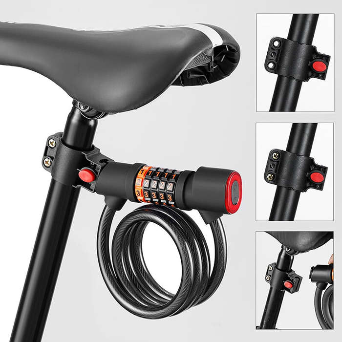 XANES Bicycle Steel Cable Lock 5 Digit Password High Security with Taillight Thicken Anti-Theft Safe
