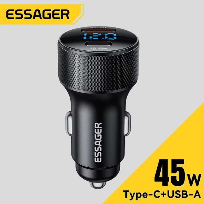 Black - ESSAGER ES-CC21 45W 2-Port USB PD Car Charger Adapter USB-A+Type-C PD3.0 QC3.0 Support FCP A