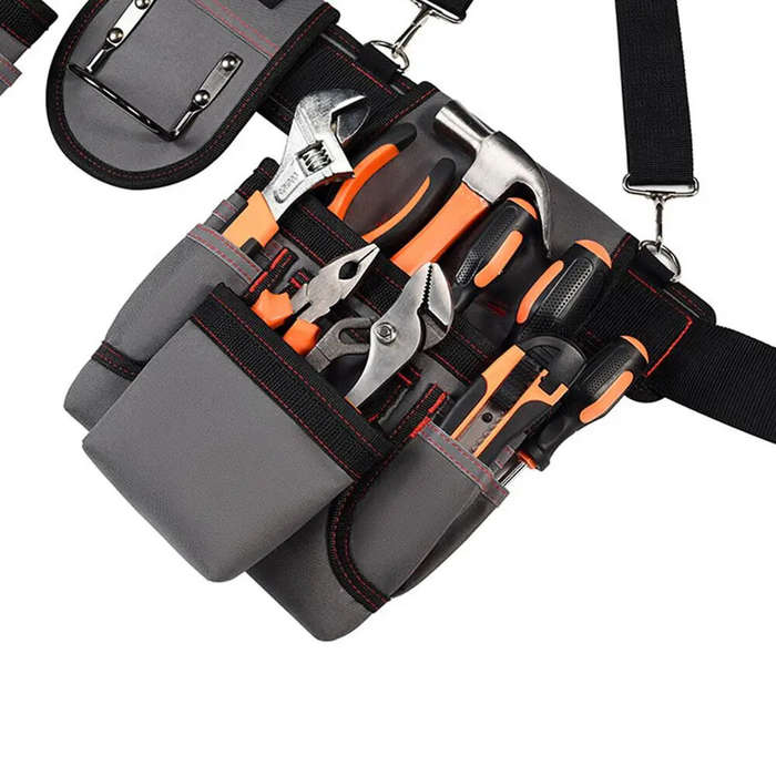 Gray - 12 Pockets Tool Bag Belt 1 Hammer Holder Ergonomic Design High Durability Polyester Nylon for