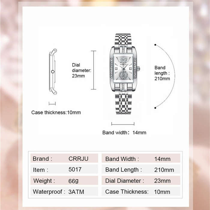 Red - CRRJU Women's Quartz Watch Elegant Rhinestone Rectangular Dial Waterproof Stainless Steel Stra