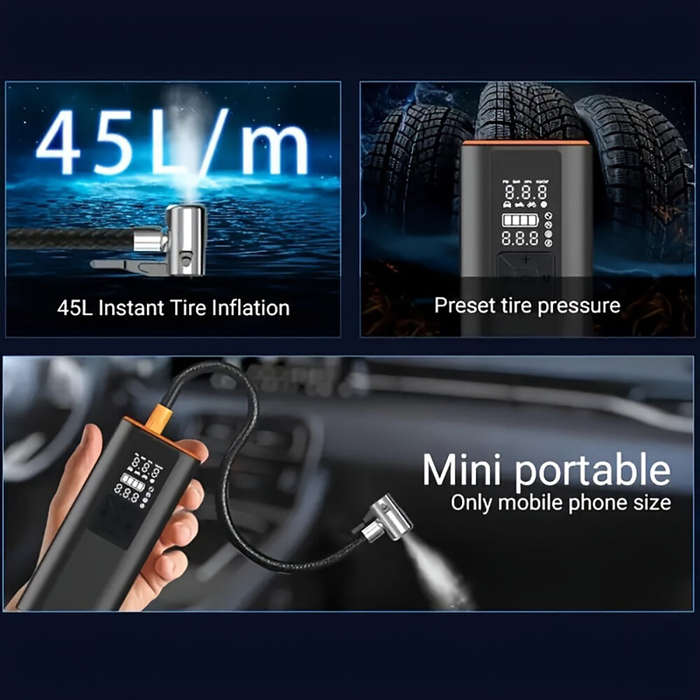 Black - Cordless Smart Car Tire Inflator Dual Screen Display with LED Light Accurate Pressure Measur