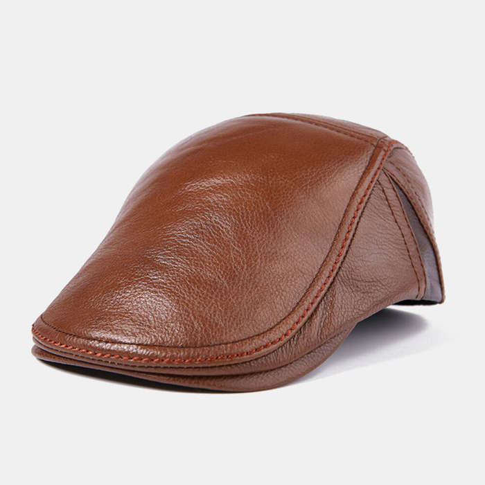 Mens Winter Warm Adjustable Genuine Leather Beret Caps Windproof Outdoor Top Layer Leather Trucker C