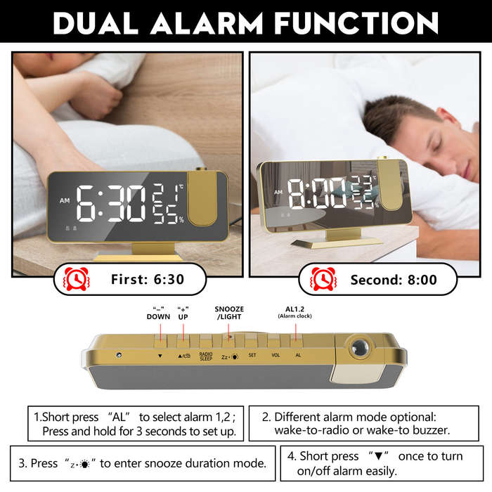 AGSIVO 7.4" LED Digital Projection Alarm Clock With FM Radio / Rotating Projector / Mirror Surface /