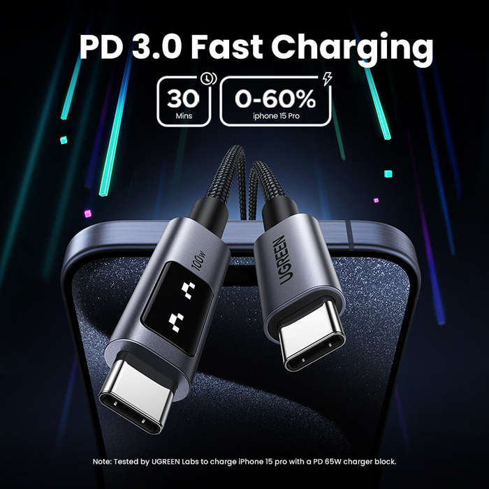 Black - Ugreen L512 5A PD100W Type-C to Type-C LED Display Cable PD3.0 Fast Charging Data Transmissi