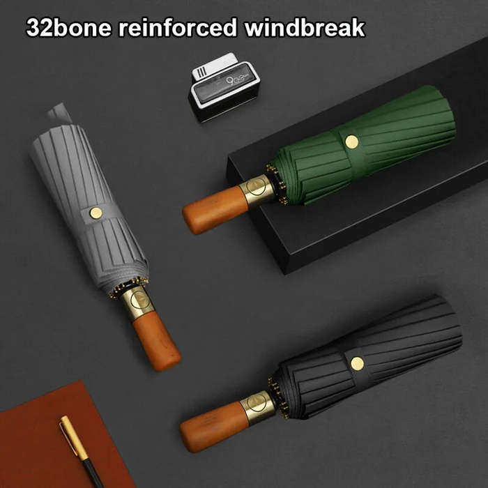 Black - 16-Bone Double Fully Automatic Rain Umbrella Keel Wooden Handle Sun Protection Umbrellas Lar