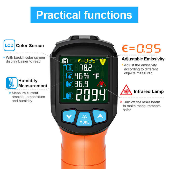 MESTEK Advanced Infrared Thermometer IRO2C Wide Temperature Range (-50C to 800C) Adjustable Emissivi