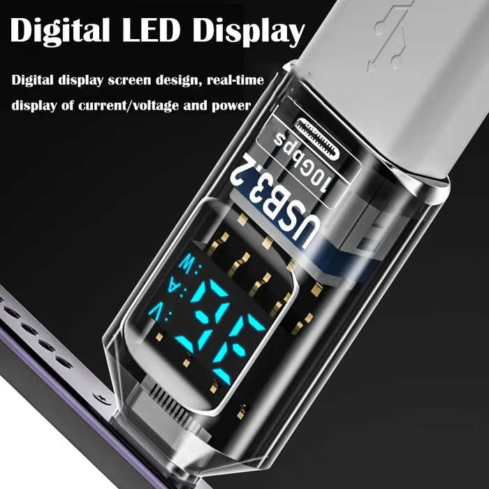 C-F to A-M Black - LED Digital Display USB 3.2 Adapter 10Gbps 36-60W Power Meter Tester Smart Chip D