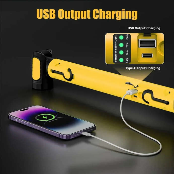 Yellow - Super Bright Magnetic Work Light For Car Repairing Emergency USB Rechargeable Rotating Magn