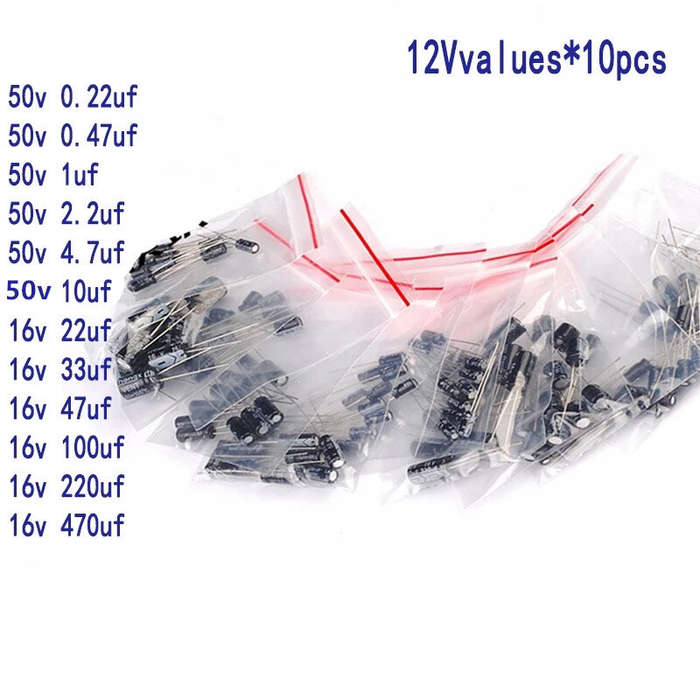 120PCS - Electrolytic Capacitor Assortment Kit 12 Values 0.22F to 470F 120 Pcs Radial Lead 16V-50V 1